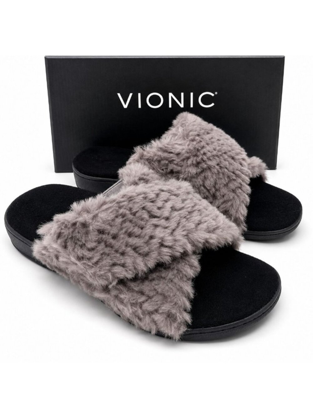 Vionic Relax II Charcoal Faux Fur Slide Slippers Women's 8 Orthotic Comfort